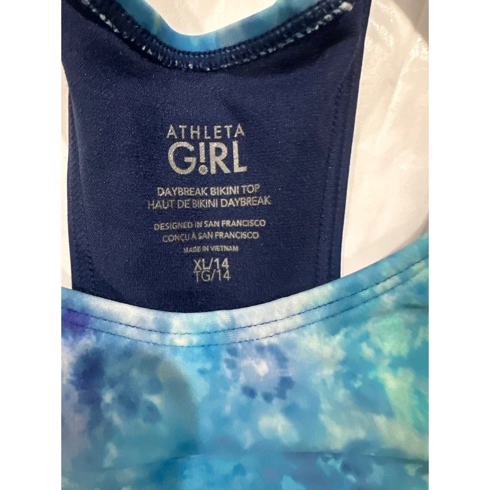 Athleta Girl Daybreak Bikini Top XL Blue Teal Tie Dye High Neck Racerback Swim